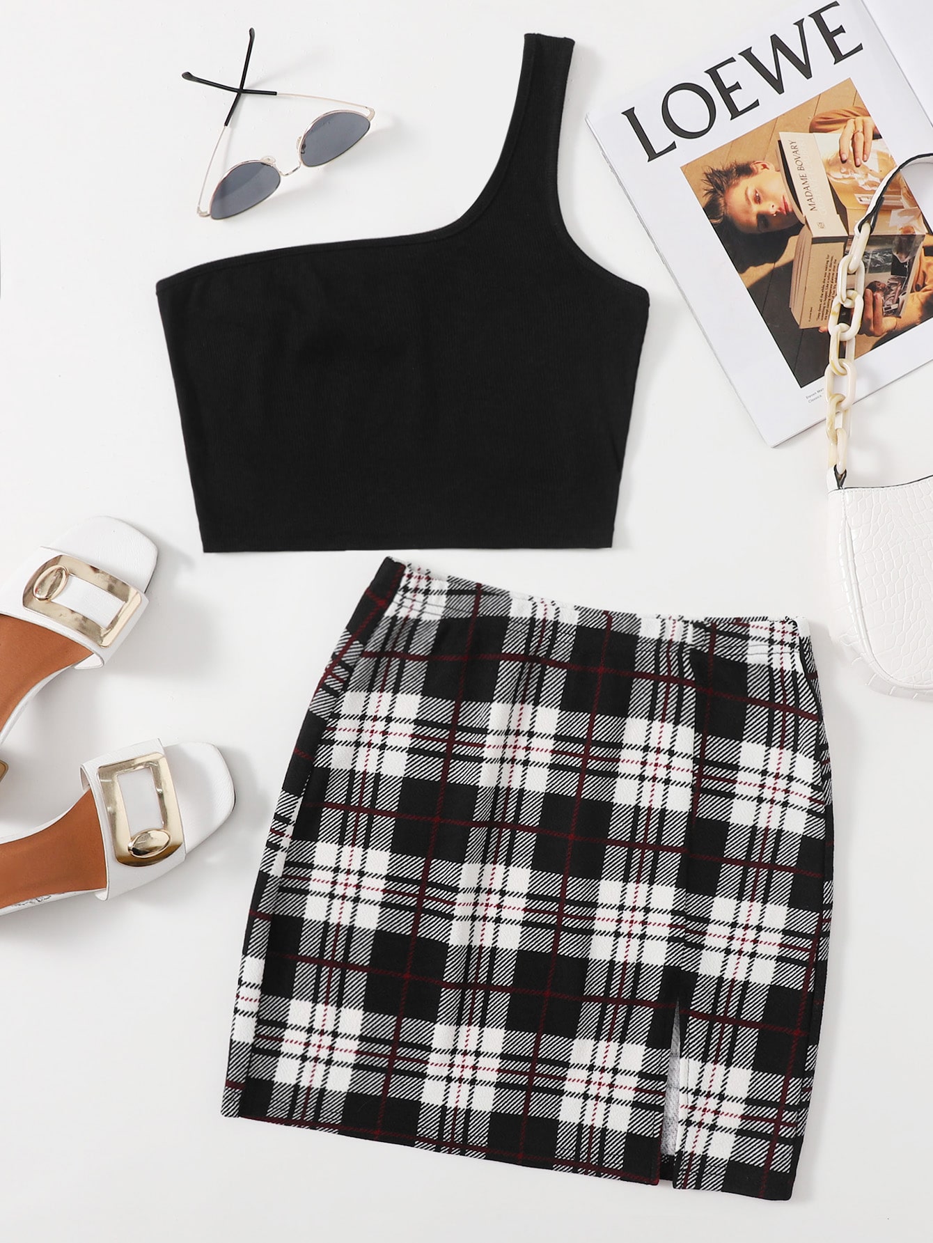 One Shoulder Crop Top & Slit Hem Plaid Skirt Set thumbnail
