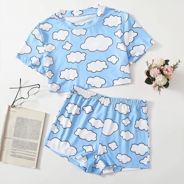 

Clouds Print Pajama Set, Blue and white