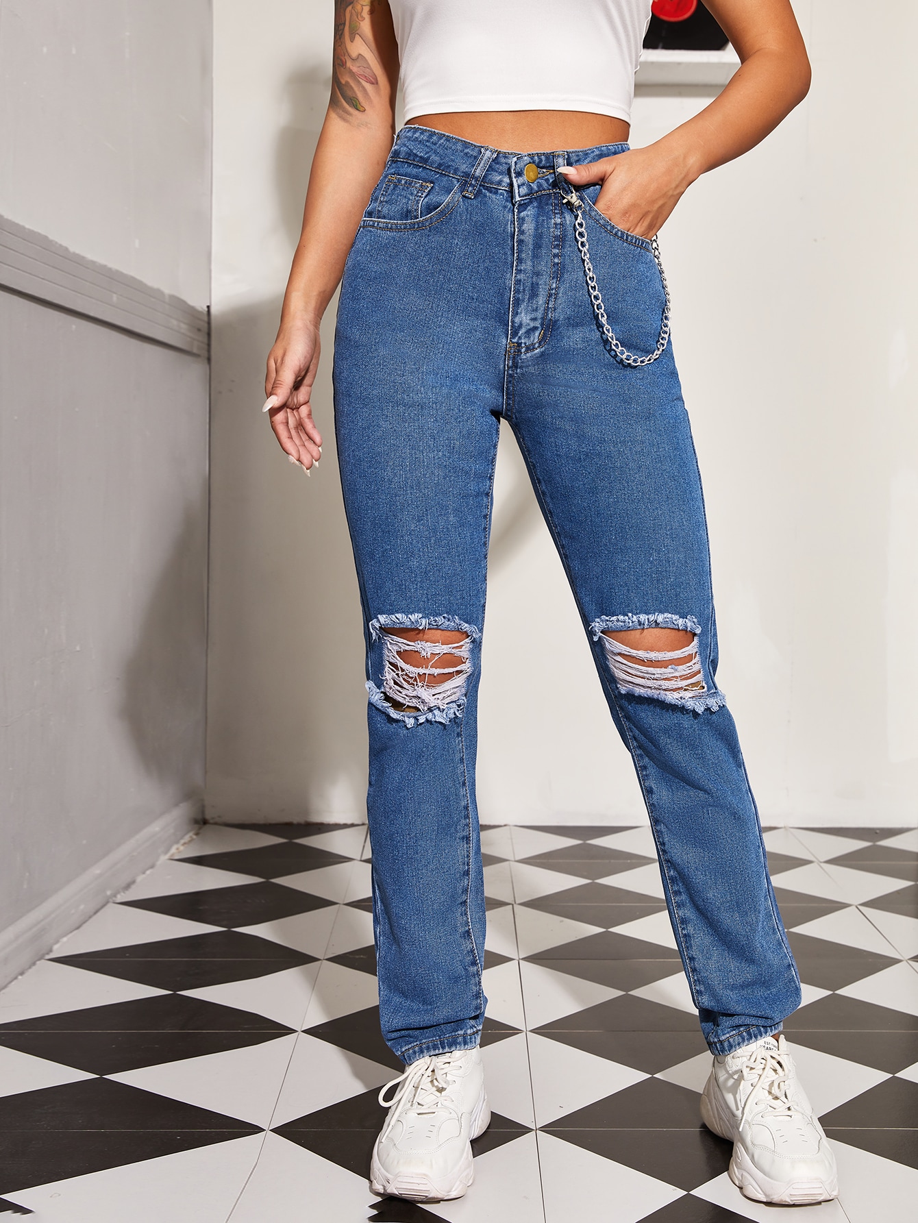 High Waisted Ripped Detail Mom Jeans With Chain thumbnail