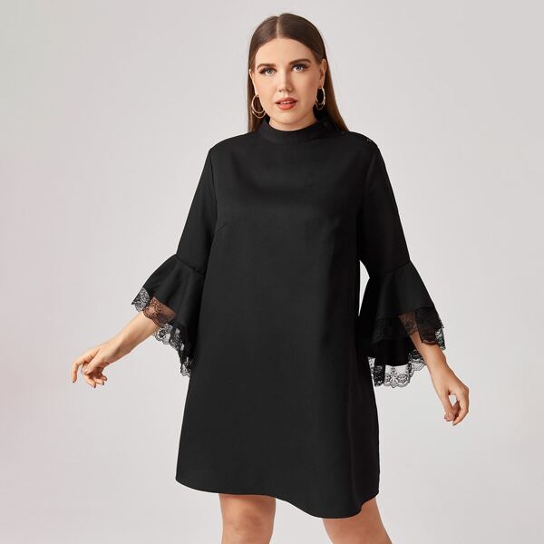 

Plus Lace Cuff Bell Sleeve Dress, Black