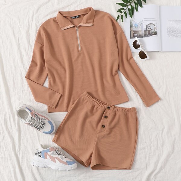 

Half Zip Drop Shoulder Tee & Button Fly Shorts Set, Apricot