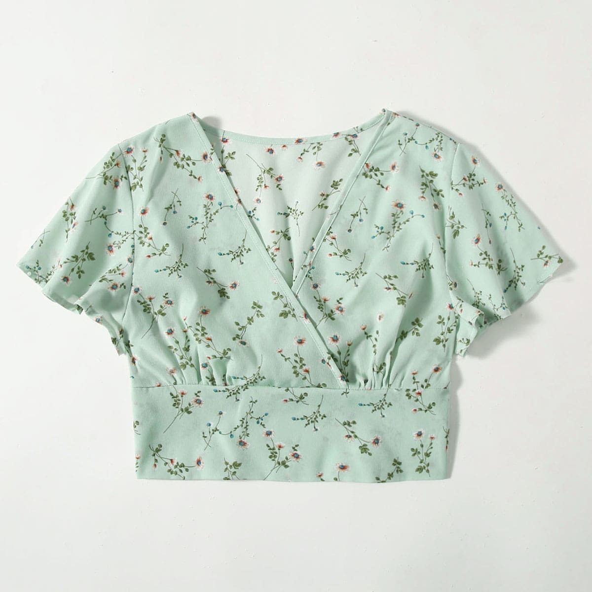 

Ditsy Floral Wrap Crop Blouse, Green