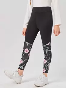SHEIN Leggings Bé Gái Hoa Giải trí - màu đen - Xem 3