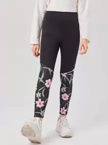 SHEIN Leggings Bé Gái Hoa Giải trí - màu đen - Xem 4