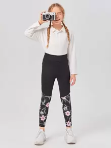 SHEIN Leggings Bé Gái Hoa Giải trí - màu đen - Xem 5