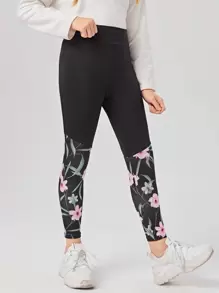 SHEIN Leggings Bé Gái Hoa Giải trí - màu đen - Xem 1