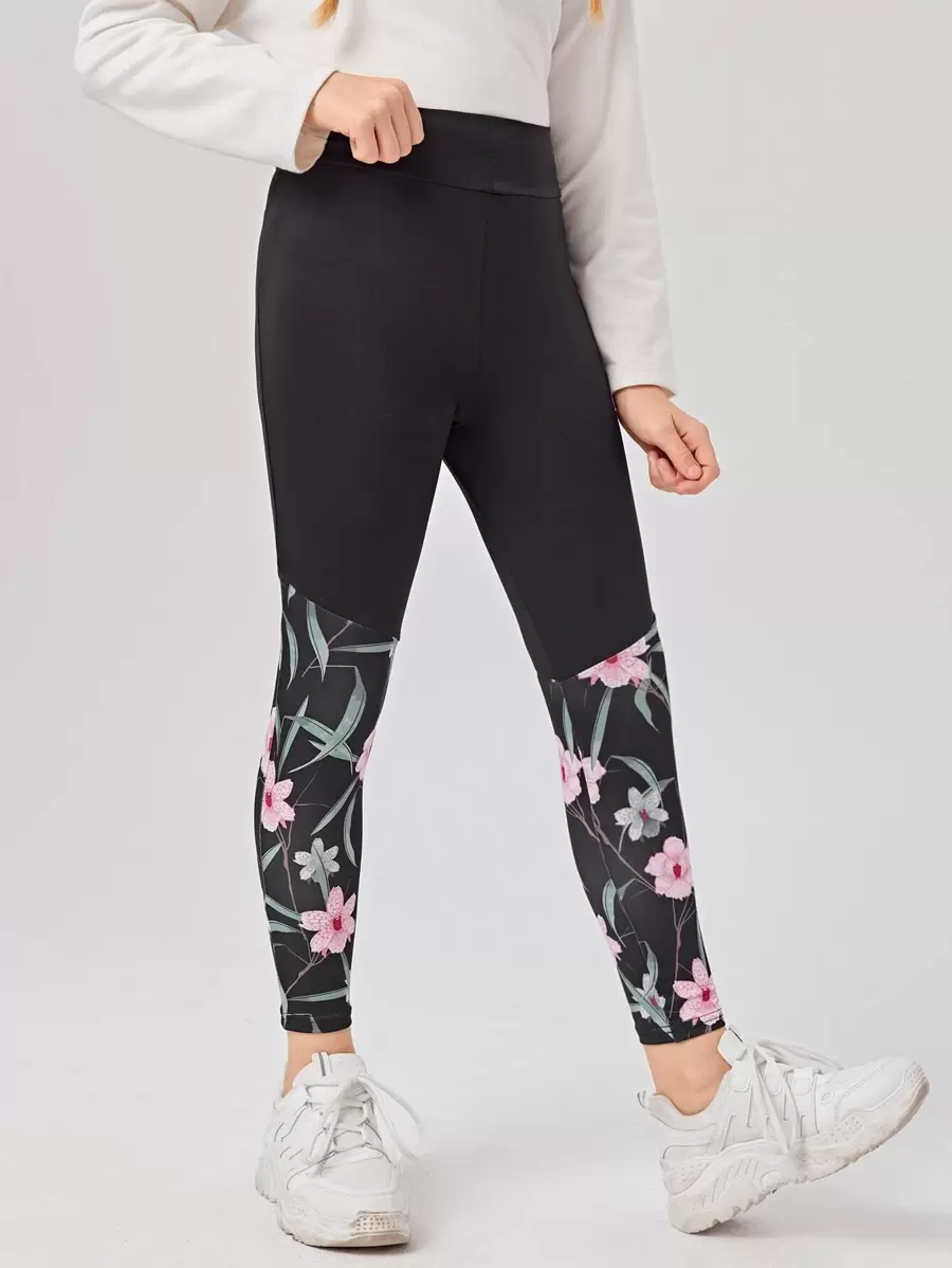 SHEIN Leggings Bé Gái Hoa Giải trí - màu đen - Xem 1