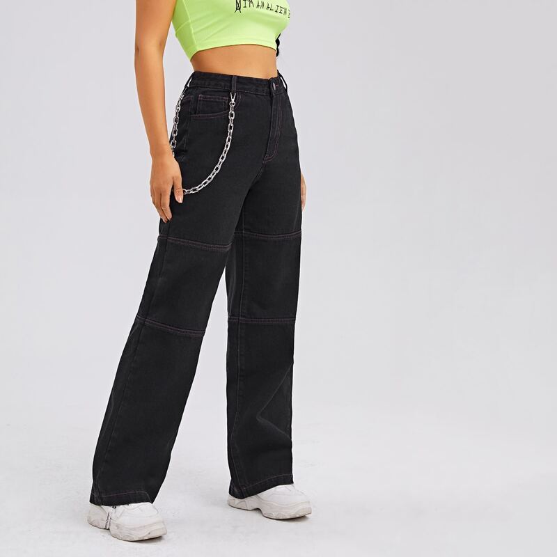 

High Waist Chain Detail Whip Stitch Wide Leg Jeans, Black