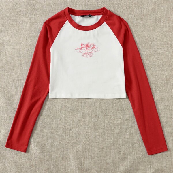 

Angel Print Raglan Sleeve Top, Red and white
