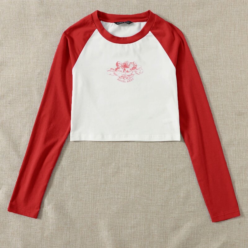 

Angel Print Raglan Sleeve Top, Red and white
