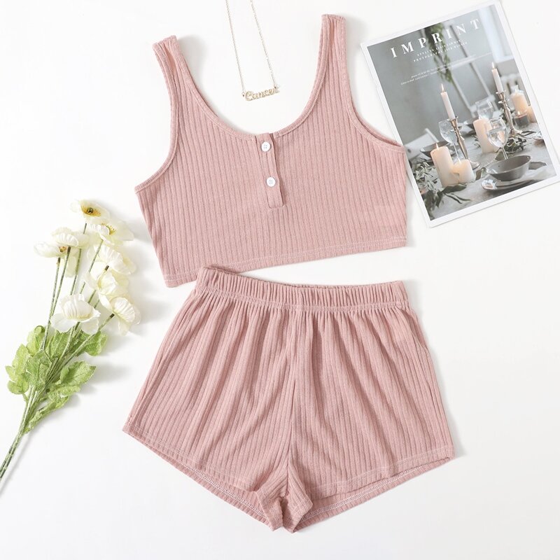 

Rib-knit Button Detail Lounge Set, Baby pink