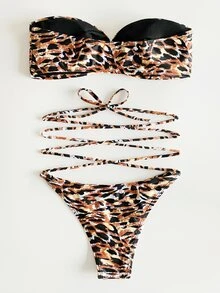 Allover Print Ring Linked Bikini Set Summer Beach