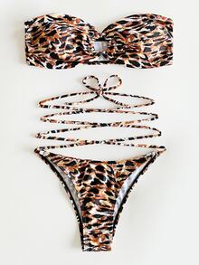 Allover Print Ring Linked Bikini Set Summer Beach