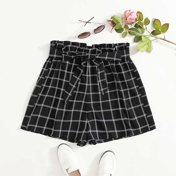 

Plus Paperbag Waist Belted Plaid Shorts, Black