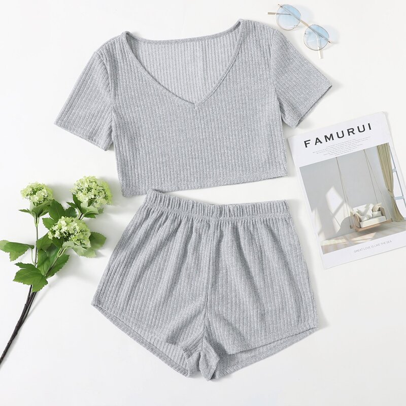 

Rib-knit V Neck Solid Lounge Set, Light grey