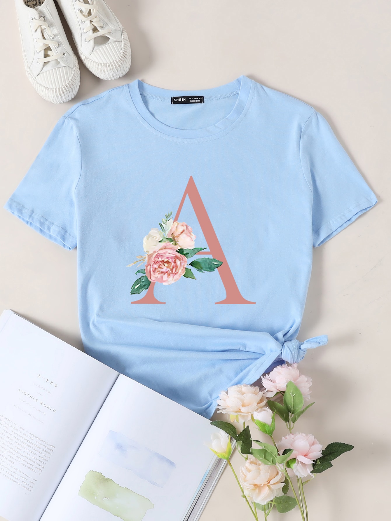 Letter & Floral Print Round Neck Tee thumbnail