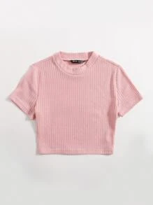 SHEIN EZwear 羅紋針織素色T恤 - 淺粉色 - 查看 3