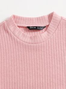 SHEIN EZwear 羅紋針織素色T恤 - 淺粉色 - 查看 4