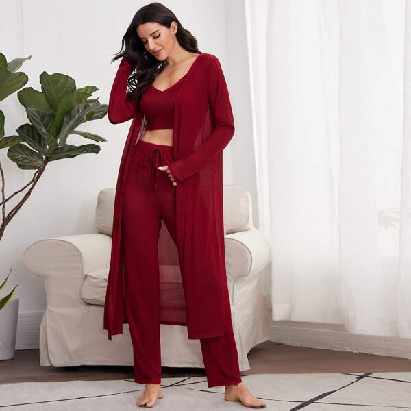 

3pack Solid Cami Top & Pants & Robe, Burgundy