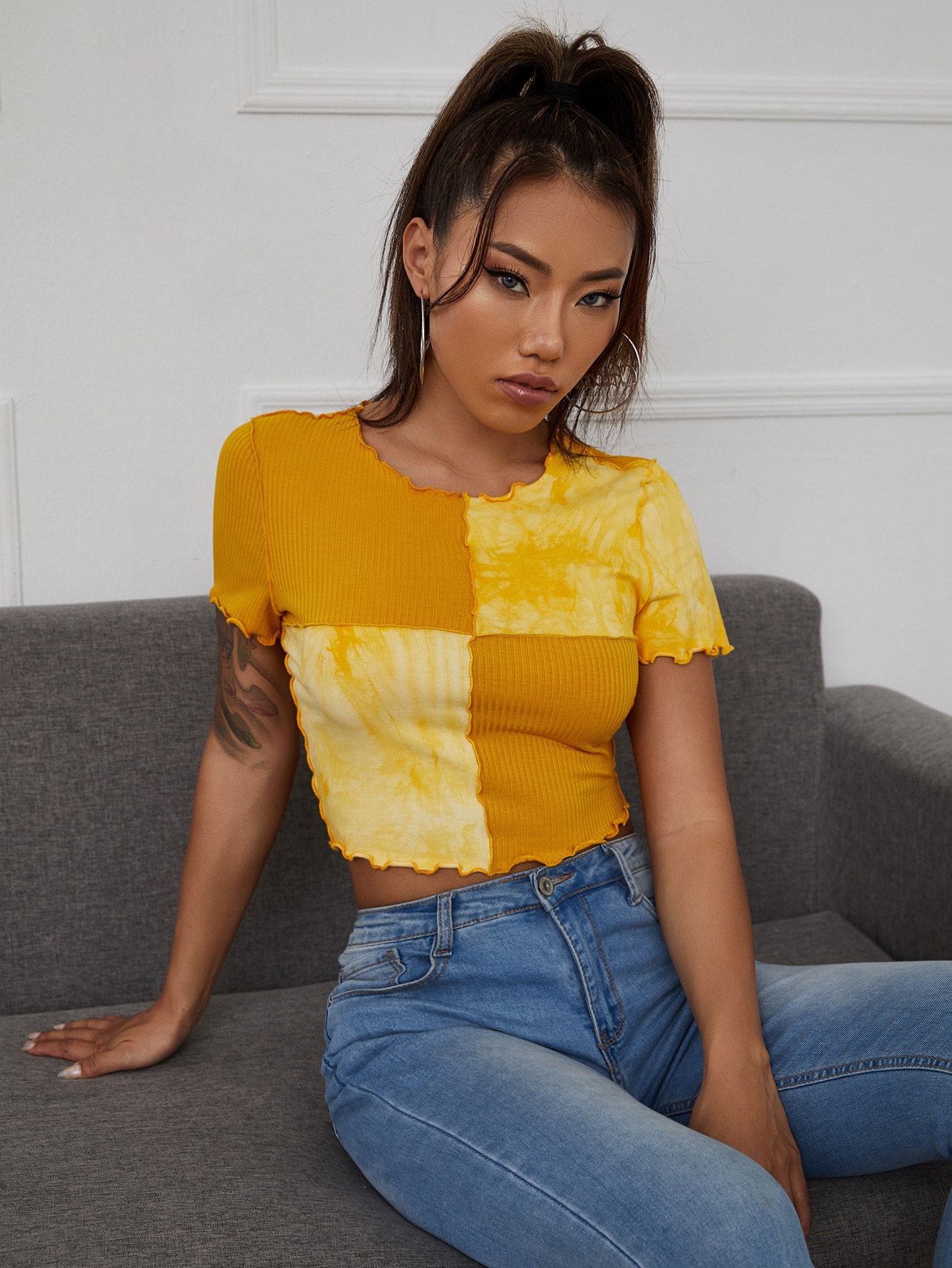 Tie Dye Panel Seam Front Crop Tee thumbnail