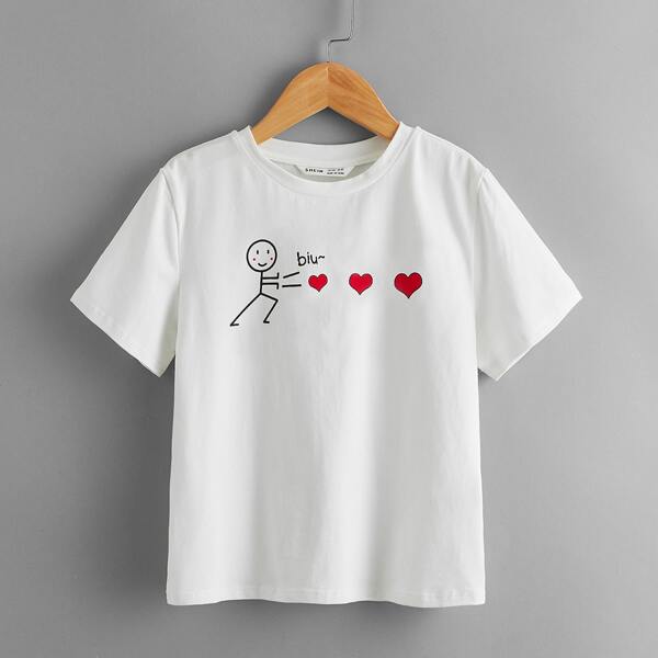 

Girls Cartoon & Heart Print Tee, White