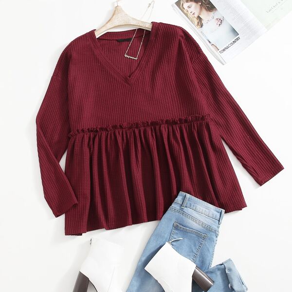 

Plus Frilled Waffle Knit Peplum Top, Maroon