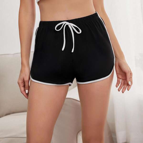

Contrast Binding Dolphin Hem Lounge Shorts, Black