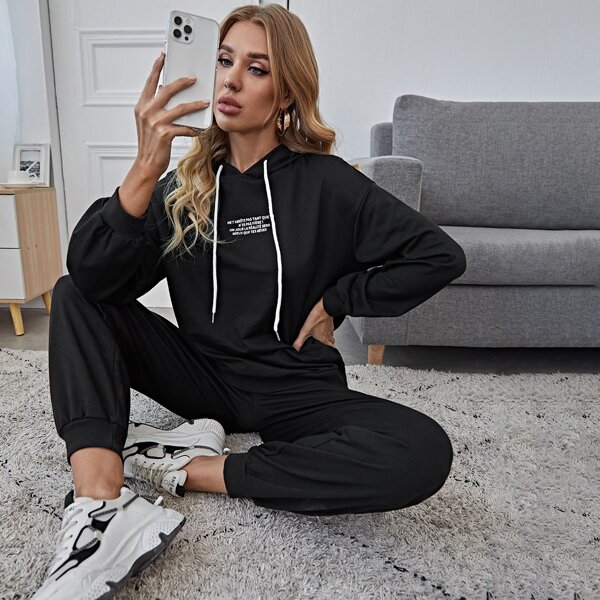 

Slogan Graphic Drawstring Hoodie & Joggers Set, Black