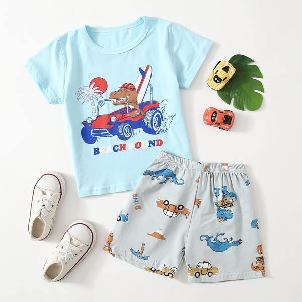 

Toddler Boys Cartoon Dinosaur Print Tee With Shorts, Multicolor