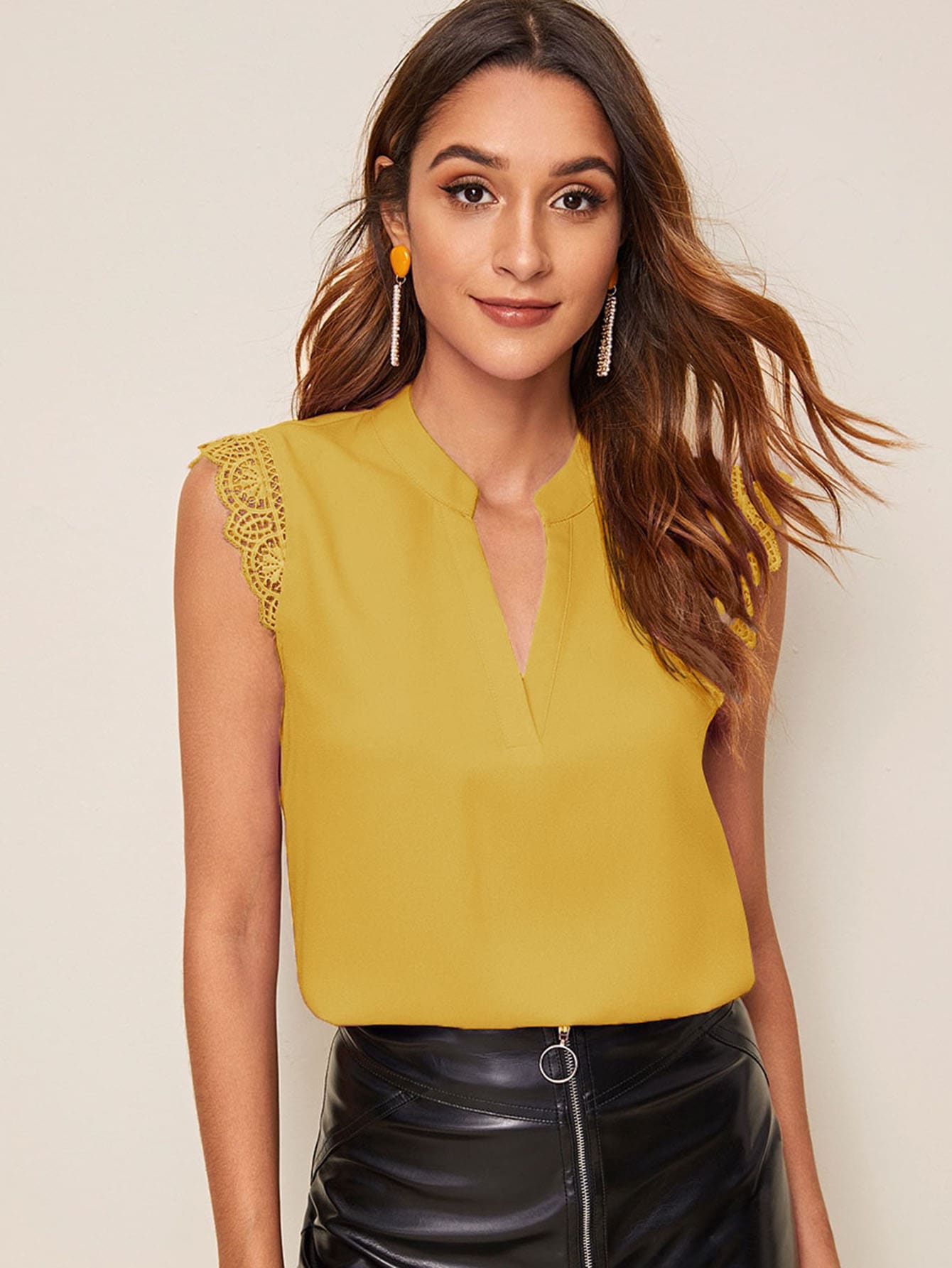 Notch Neck Guipure Lace Cuff Top thumbnail