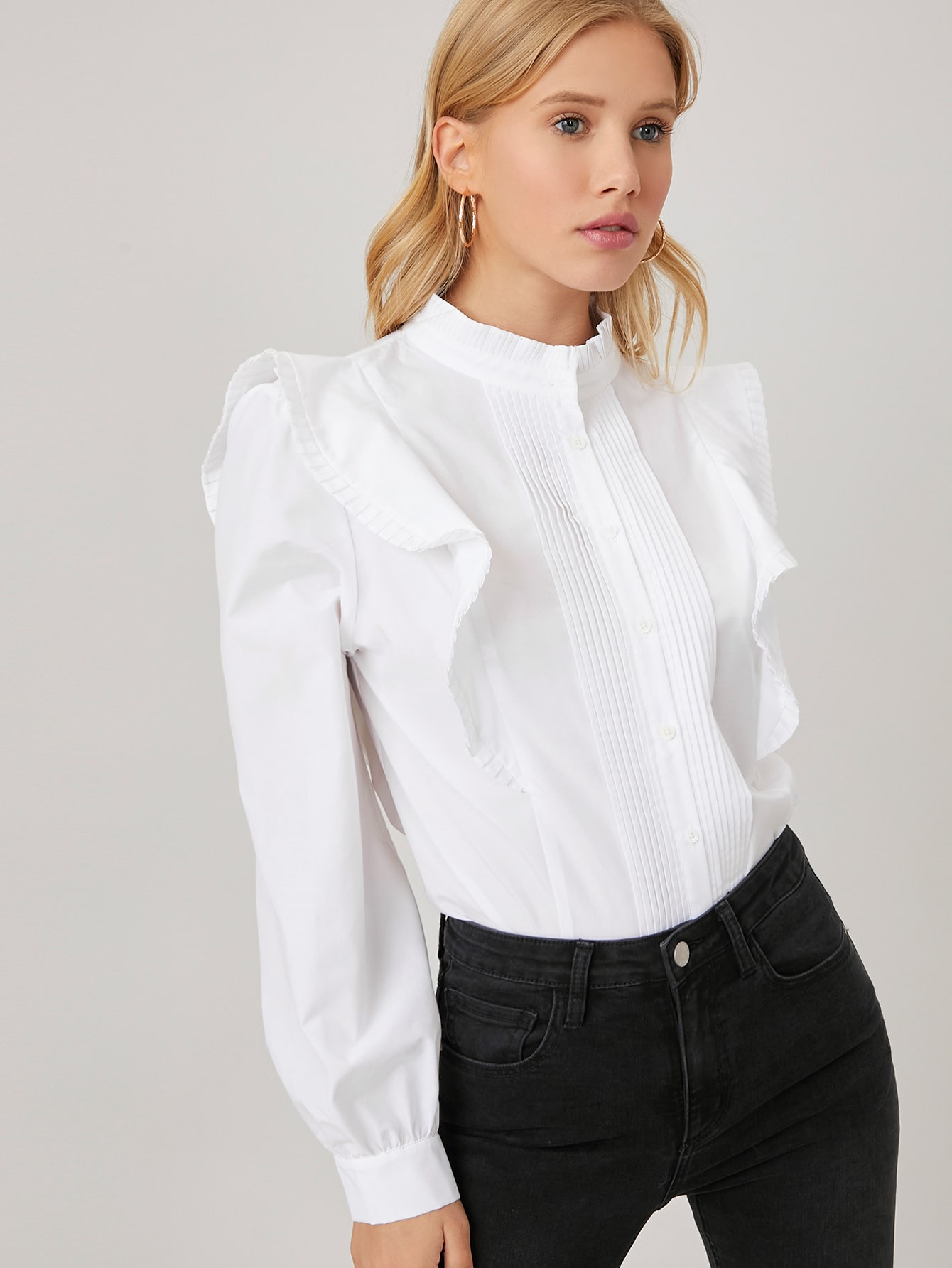 COTTON-MIX PRESS CREASE RUFFLE BLOUSE thumbnail