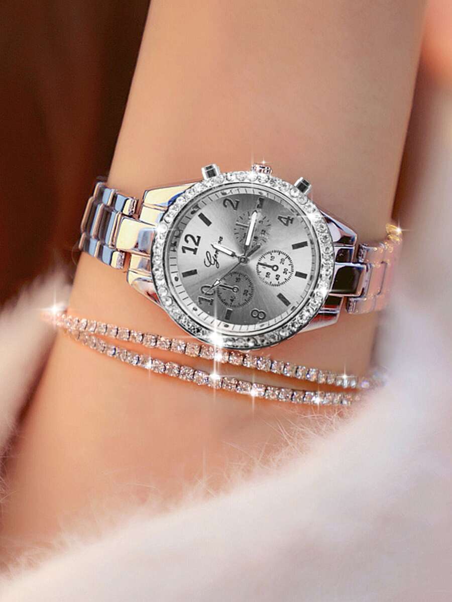 三件套时尚百搭镶钻女士石英表，简约圆形表盘，钢表带，数字刻度，镶钻手链，适合作为礼物，不含礼盒 - 銀色 - 查看 1