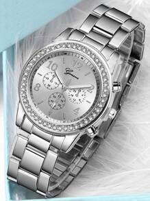 三件套时尚百搭镶钻女士石英表，简约圆形表盘，钢表带，数字刻度，镶钻手链，适合作为礼物，不含礼盒 - 銀色 - 查看 2