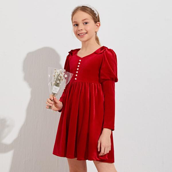 

Girls Velvet Leg-of-mutton Sleeve Smock Dress, Burgundy