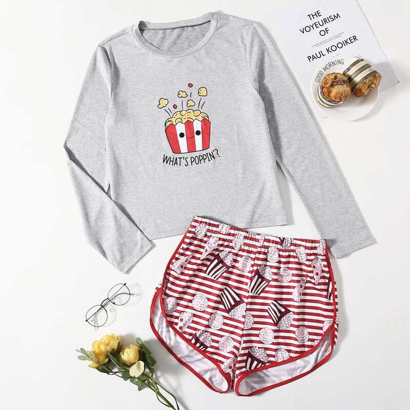 

Cartoon And Striped Print Pajama Set, Multicolor