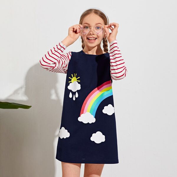 

Girls Cartoon Graphic Stripe Sleeve Tee Dress, Multicolor