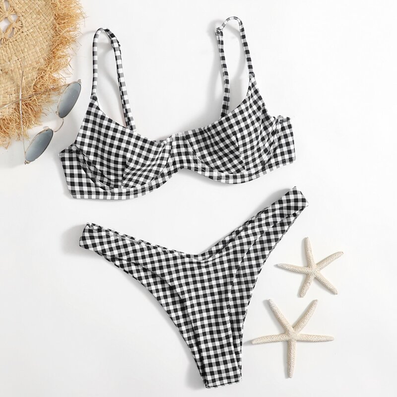 

Gingham Print High Cut Bikini Swimsuit, Black and white