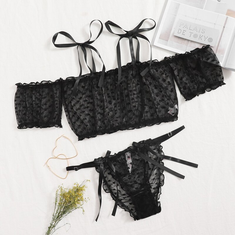 

Heart Pattern Mesh Lingerie Set, Black