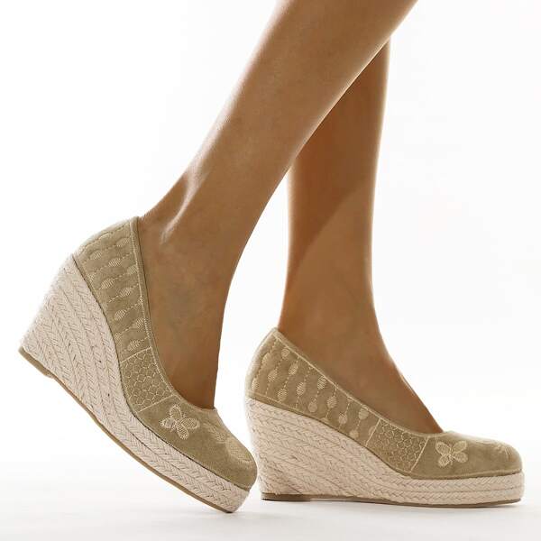 

Embroidered Espadrille Heeled Court Wedges, Khaki