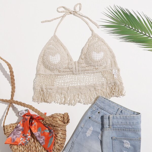 

Crochet Fringe Hem Knot Cover Up, Beige