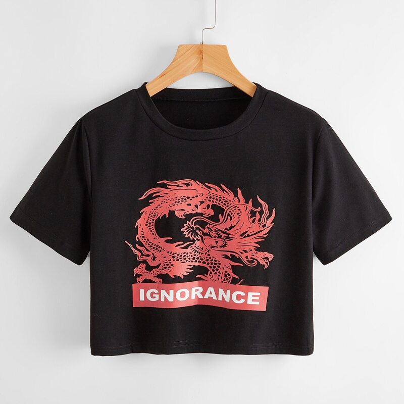 

Letter Chinese Dragon Graphic Crop Tee, Black