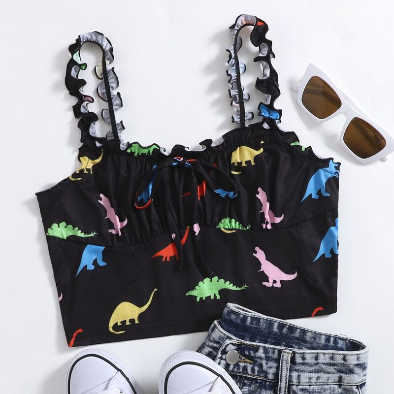 

Frilled Strap Tie Front Cartoon Graphic Top, Black