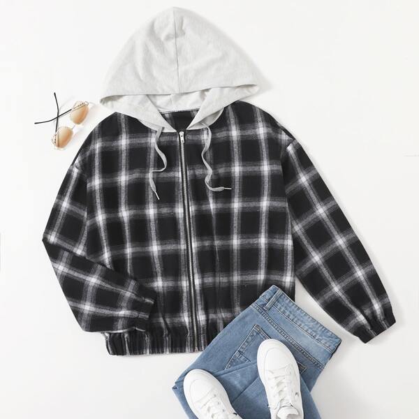 

Plus Plaid Zip Up Drawstring Hooded Jacket, Black