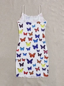 SHEIN EZwear Lettuce Edge Allover Butterfly Bodycon Dress - Multicolor - View 2