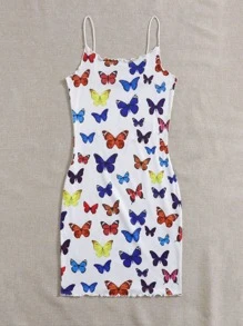 SHEIN EZwear Lettuce Edge Allover Butterfly Bodycon Dress - Multicolor - View 3