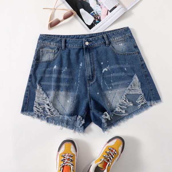 

Plus Raw Hem Distressed Denim Shorts, Medium wash
