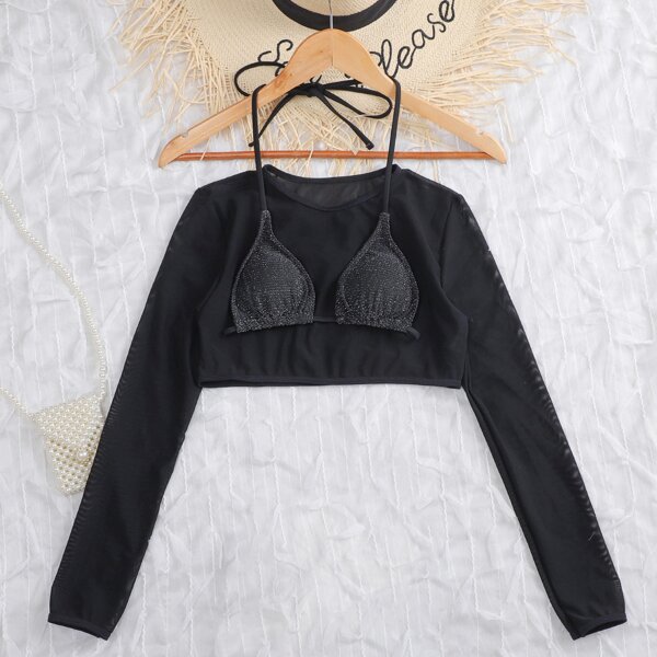 

2pack Halter Bikini Top & Sheer Cover Up, Black