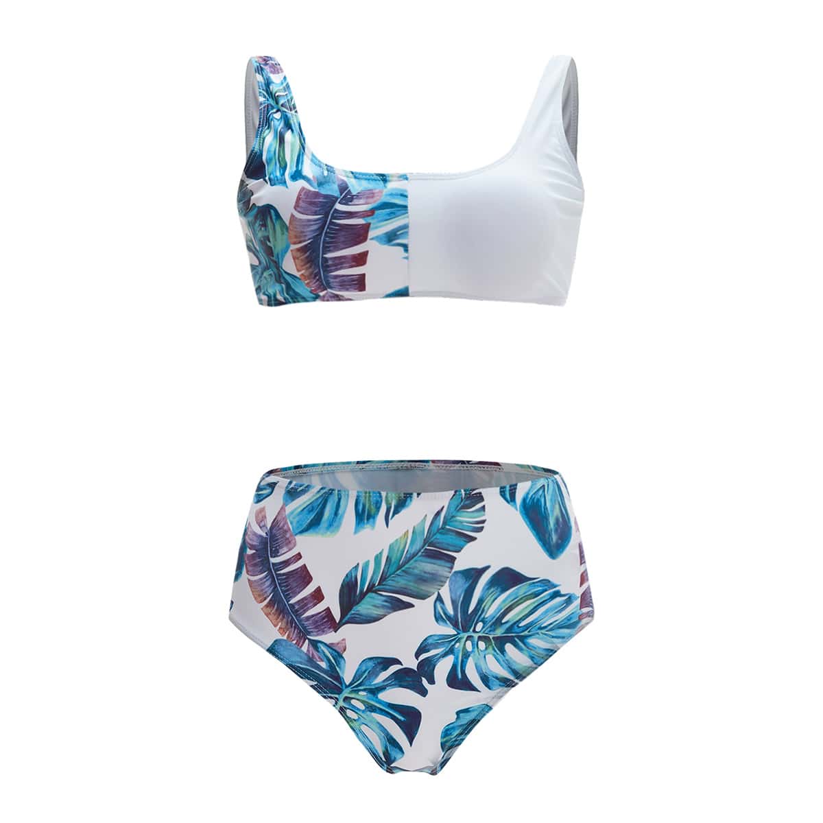 

Tropical Leaf Graphic High Waist Bikini Swimsuit, Multicolor