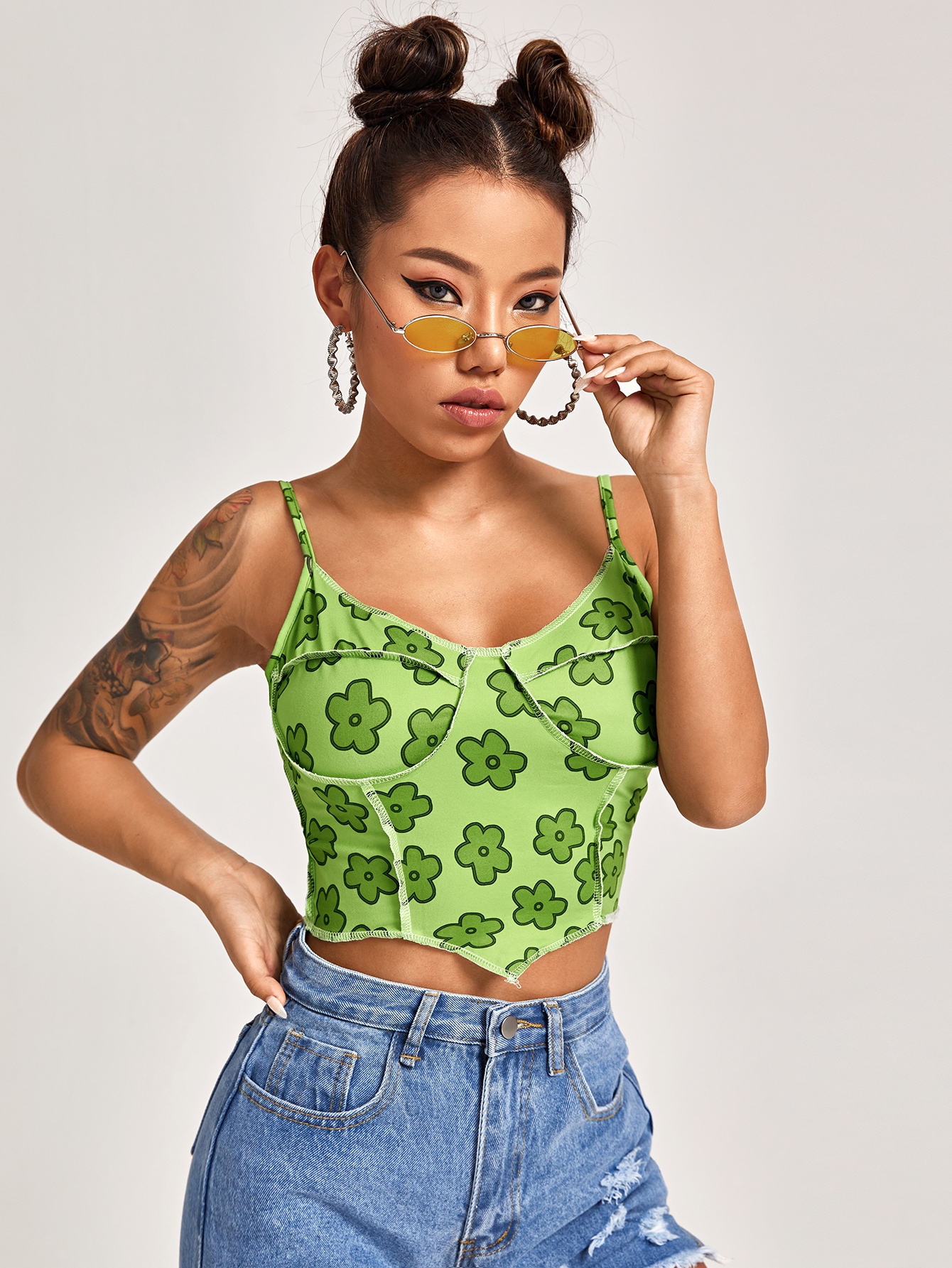 Floral Stitch Asymmetrical Hem Cami Top thumbnail