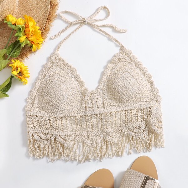 

Crochet Fringe Hem Knot Cover Up, Beige